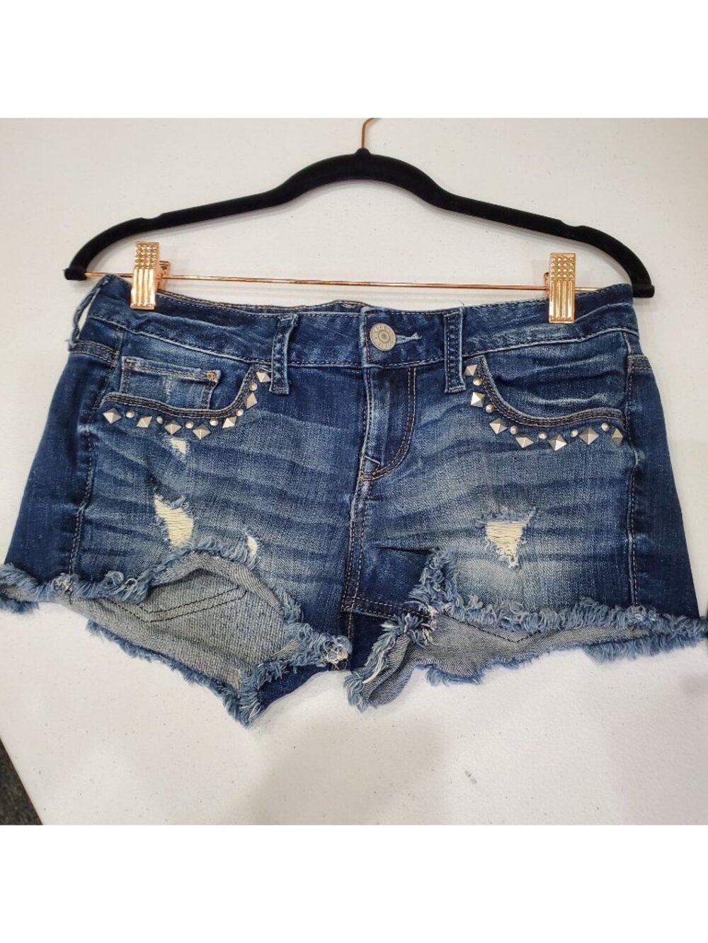 Express Jean Shorts Junior Size 0 Blue Stretch Denim Cut Off Distressed Studded